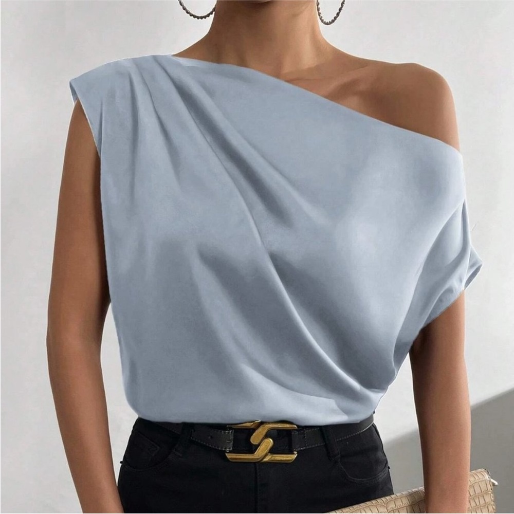 Light Blue Satin Draped Asymmetrical Blouse Top
